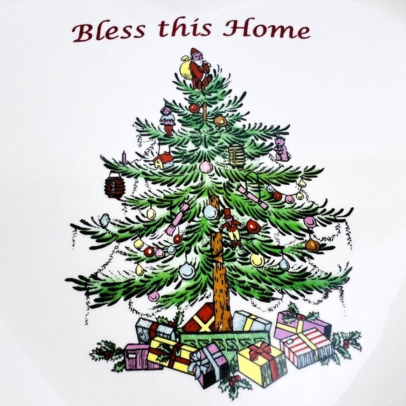 Spode Christmas Tree Heart Shaped Dish Bless this Home Peppermint Stripe 7 3/4" - Picture 5 of 7